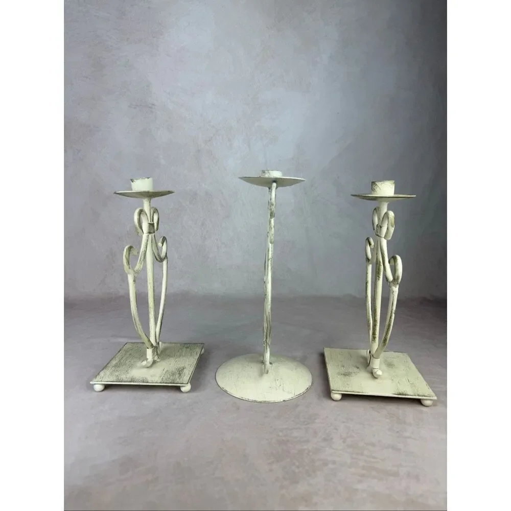 Vintage 90s Ivory Iron Candlestick Holders Scroll Cottagecore Shabby Chic Set of